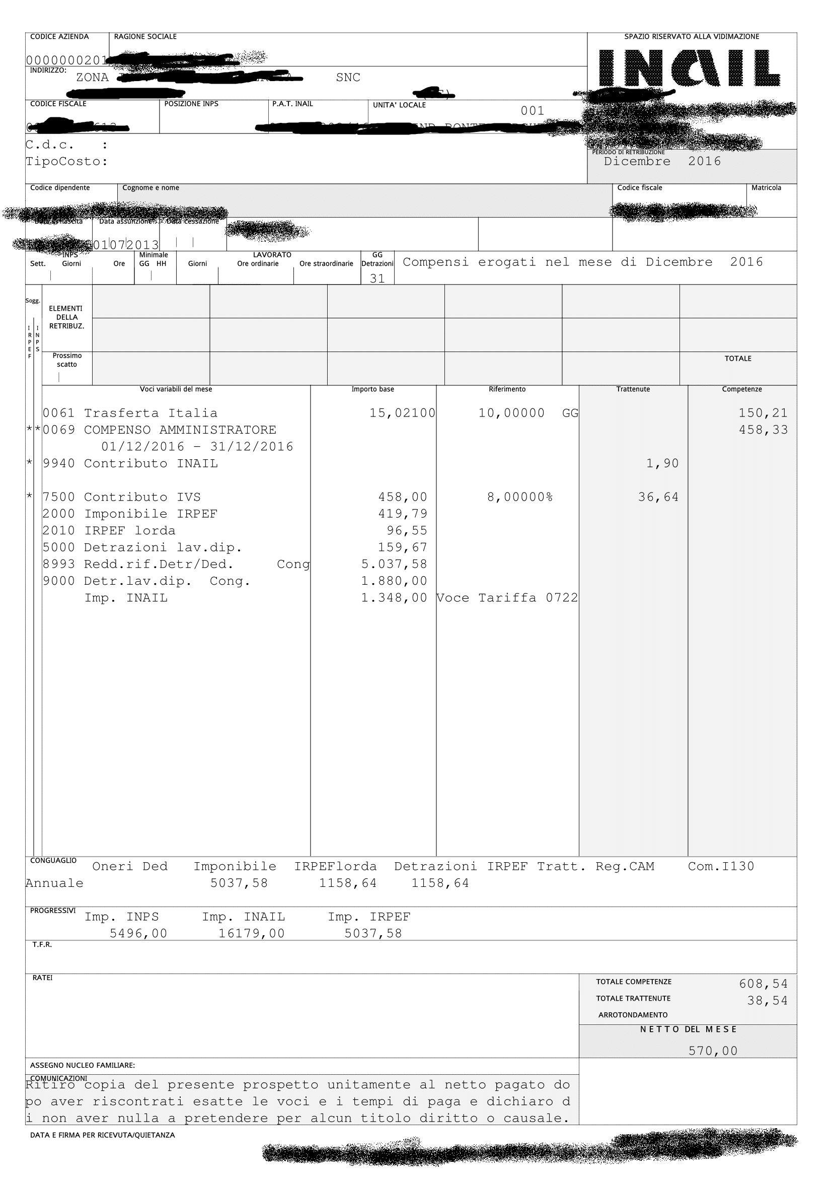 Fac simile di una busta paga di un amministratore di una società SRL